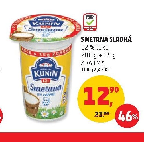 SMETANA SLADKÁ 12 % tuku 200 g + 15 g ZDARMA