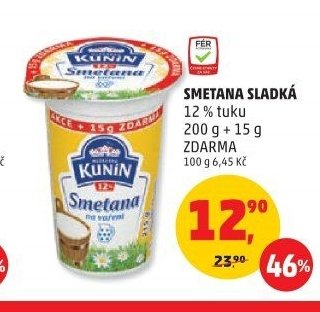 Smetana sladká 12 % tuku 200 g + 15 g zdarma