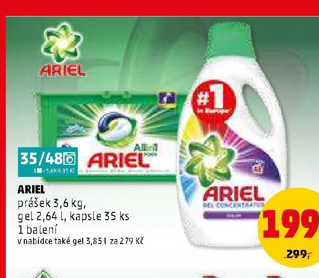 ARIEL prášek 3,6 kg, gel 2,64 l, kapsle 35 ks