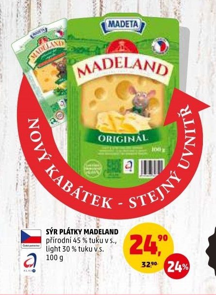 SÝR PLÁTKY MADELAND přírodní 45 % tuku v s., light 30 % tuku v s., 100 g