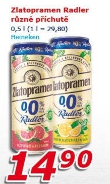 Nealkoholické pivo ochucené Radler Zlatopramen