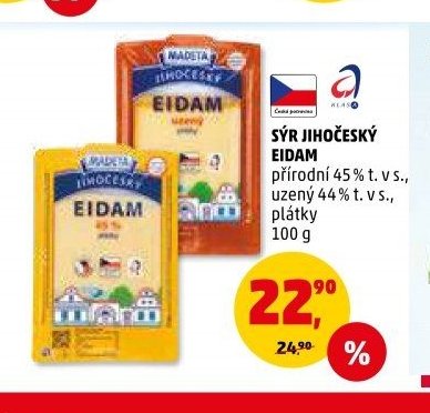 SÝR JIHOČESKÝ EIDAM přírodní 45 % t. v s., uzený 44 % t. v s., plátky 100 g