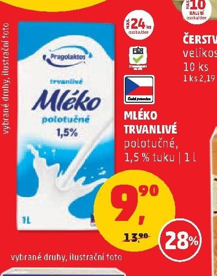 MLÉKO TRVANLIVÉ polotučné, 1,5% tuku