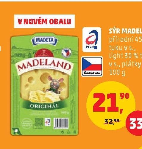 Sýr Madeland přírodní 45 % tuku v s., light 30 % tuku vs., plátky 100 g