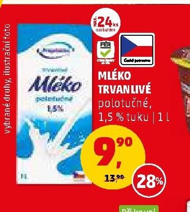 Mléko trvanlivé polotučné 1,5 % tuku