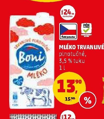 Mléko trvanlivé plnotučné 3,5 % tuku