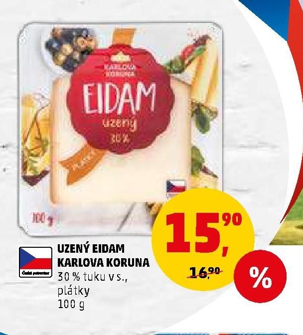 UZENÝ EIDAM KARLOVA KORUNA 30 % tuku v s., plátky 100 g