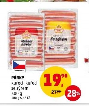PÁRKY kuřecí, kuřecí se sýrem