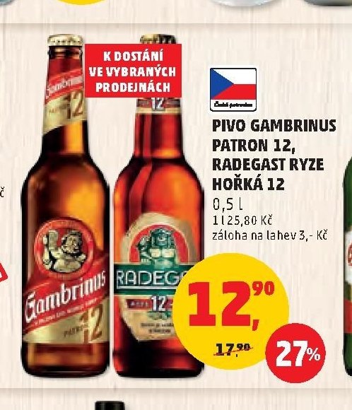 PIVO GAMBRINUS PATRON 12, RADEGAST RYZE HOŘKÁ 12