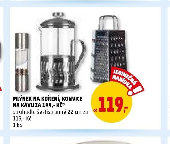 Mlýnek na koření, konvice na kávu, struhadlo