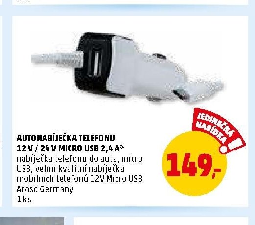 AUTONABÍJEČKA TELEFONU 12 V / 24 V MICRO USB 2,4 A*