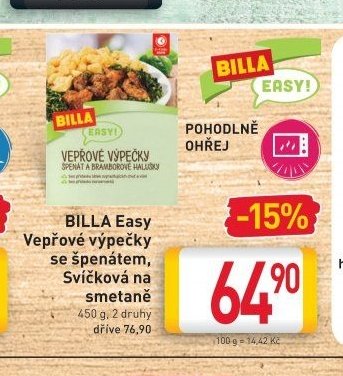 BILLA Easy Vepřové výpečky se špenátem, Svíčková na smetaně