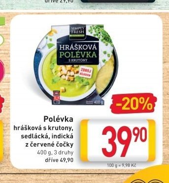 Polévka hrášková s krutony, sedlácká, indická z červené čočky