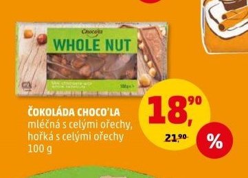 Čokoláda Choco'la mléčná s celými ořechy, hořká s celými ořechy 100 g