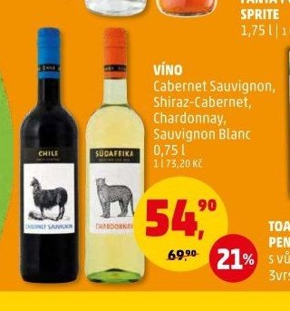 Víno Cabernet Sauvignon, Shiraz-Cabernet, Chardonnay, Sauvignon Blanc 0,75 l