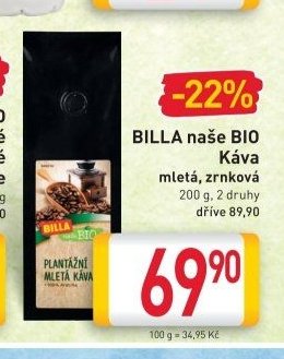 BILLA naše BIO Káva mletá, zrnková