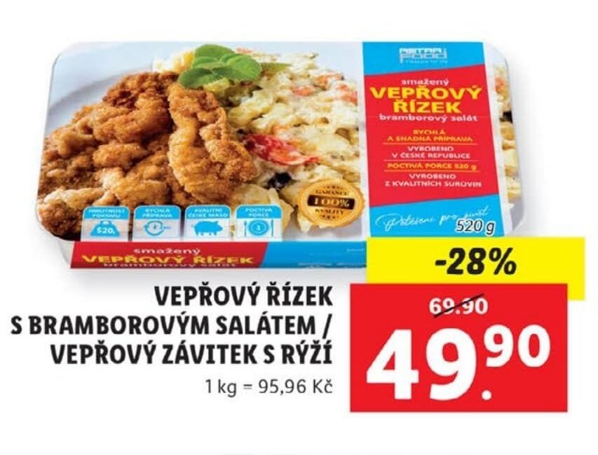 Vepřový řízek s bramborovým salátem / Vepřový závitek s rýží