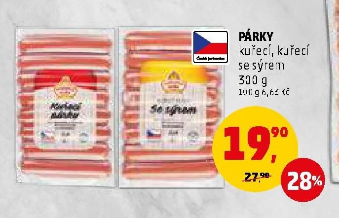 PÁRKY kuřecí, kuřecí se sýrem