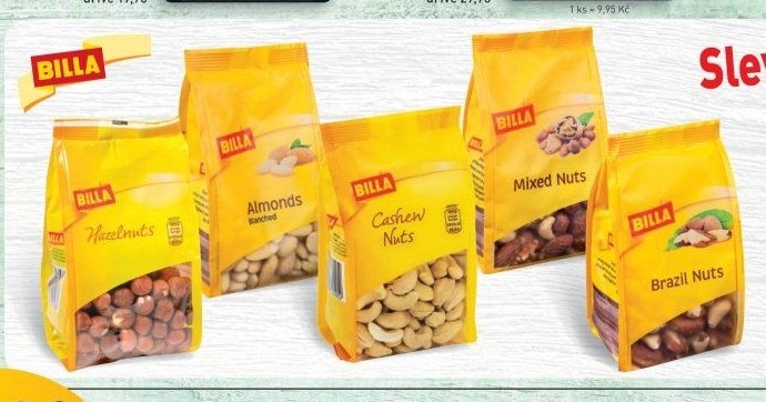 BILLA ořechy (Hazelnuts, Almonds, Cashew Nuts, Mixed Nuts, Brazil Nuts)