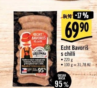 Párek na gril Echt Bavoriš s chilli Láďa Grileman Kostelecké uzeniny