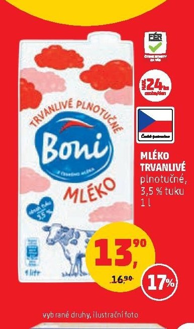 Boni Mléko trvanlivé plnotučné 3,5 % tuku, 1 l