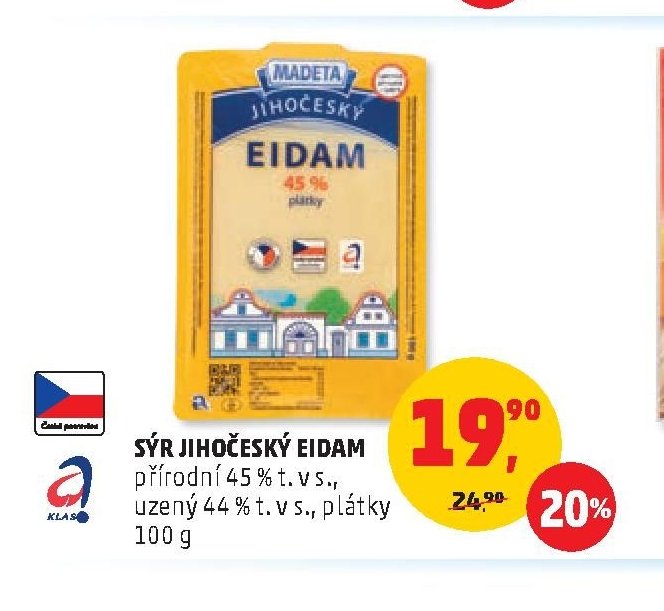 Sýr jihočeský Eidam přírodní 45 % t. v s., uzený 44 % t. v s., plátky 100 g