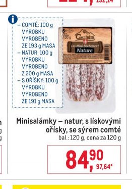 Minisalámky - natur, s lískovými oříšky, se sýrem comté