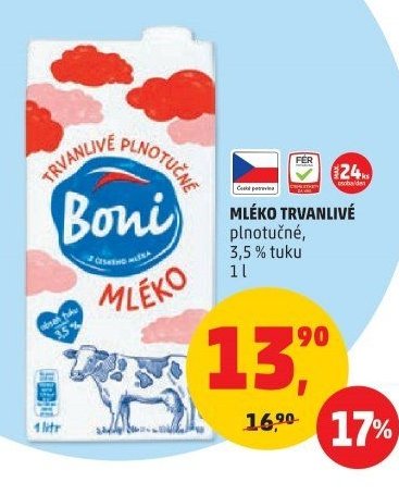 Mléko trvanlivé plnotučné Boni 1 l