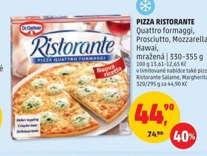 PIZZA RISTORANTE Quattro formaggi, Prosciutto, Mozzarella, Hawai, mražená