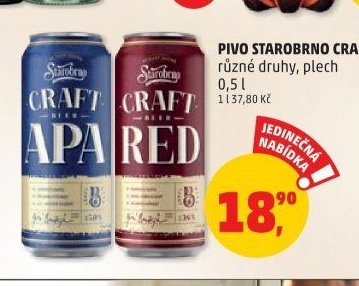 PIVO STAROBRNO CRAFT* různé druhy, plech 0,5 l