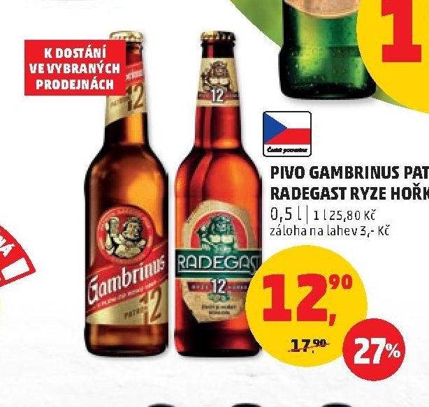PIVO GAMBRINUS PATRON 12, RADEGAST RYZE HOŘKÁ 12