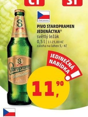 PIVO STAROPRAMEN JEDENÁCTKA, světlý ležák 0,5 l