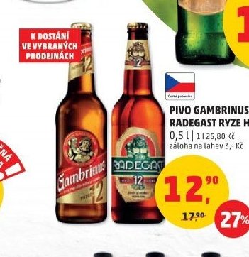 PIVO GAMBRINUS PATRON 12, RADEGAST RYZE HOŘKÁ 12, 0,5 l