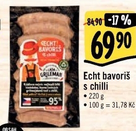 Párek na gril Echt Bavoriš s chilli Láďa Grileman Kostelecké uzeniny