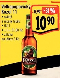 Pivo světlý ležák 11° Medium Velkopopovický Kozel