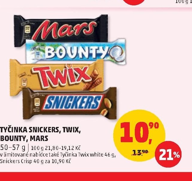 Tyčinka Snickers, Twix, Bounty, Mars