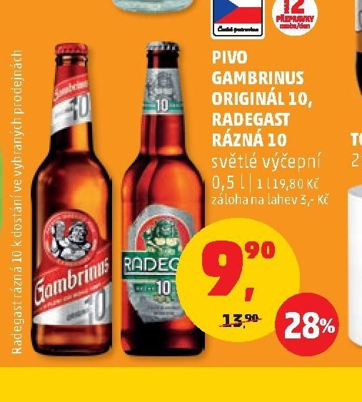 PIVO GAMBRINUS ORIGINÁL 10, RADEGAST RÁZNÁ 10 světlé výčepní 0,5 l