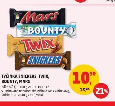 Tyčinka Snickers, Twix, Bounty, Mars