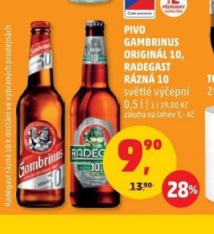 PIVO GAMBRINUS ORIGINÁL 10, RADEGAST RÁZNÁ 10 světlé výčepní 0,5 l
