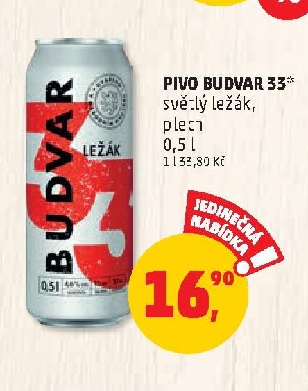 Pivo Budvar 33 světlý ležák, plech 0,5 l