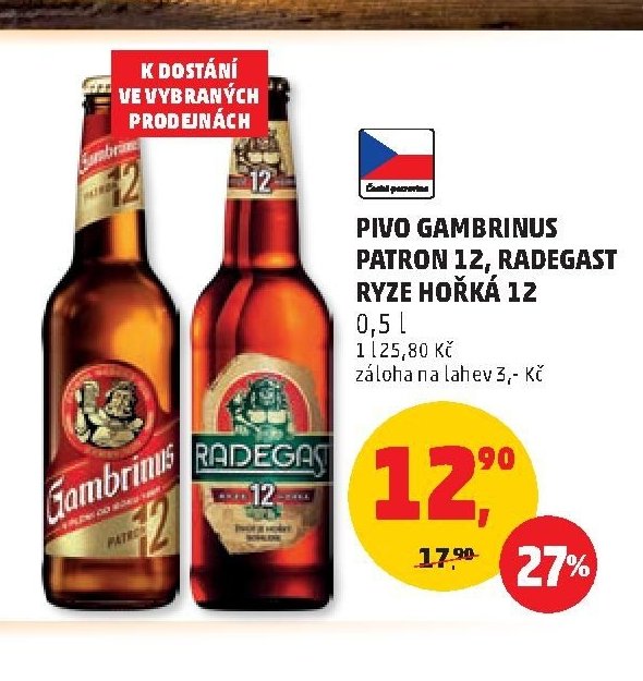 PIVO GAMBRINUS PATRON 12, RADEGAST RYZE HOŘKÁ 12