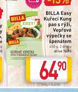 BILLA Easy Kuřecí Kung pao s rýží, Vepřové výpečky se špenátem