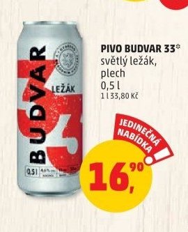 Pivo Budvar 33* světlý ležák, plech 0,5 l