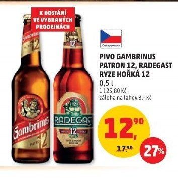 PIVO GAMBRINUS PATRON 12, RADEGAST RYZE HOŘKÁ 12 0,5 l