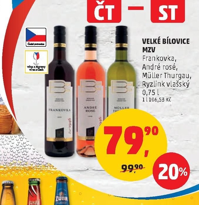 Velké Bílovice MZV Frankovka, André rosé, Müller Thurgau, Ryzlink vlašský