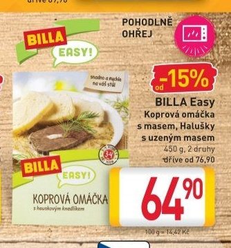 BILLA Easy Koprová omáčka s masem, Halušky s uzeným masem