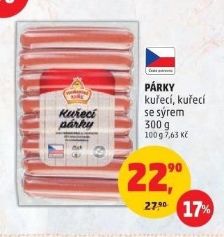 PÁRKY kuřecí, kuřecí se sýrem