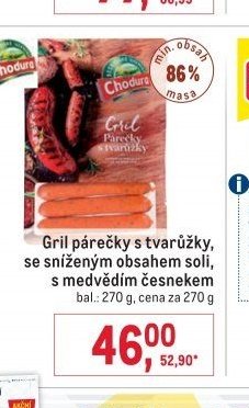 Gril párečky s tvarůžky, se sníženým obsahem soli, s medvědím česnekem