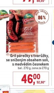 Gril párečky s tvarůžky, se sníženým obsahem soli, s medvědím česnekem