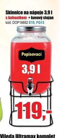 Sklenice na nápoje 3,9 l s kohoutkem + kovový stojan